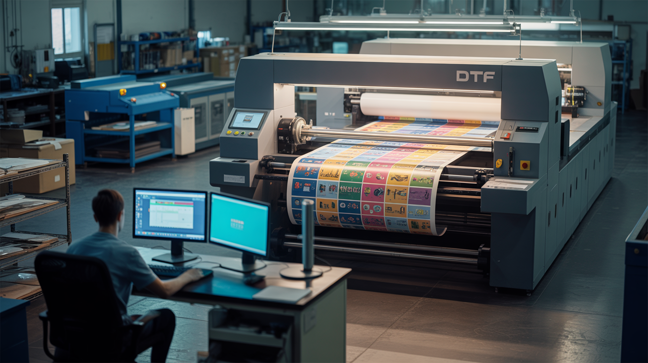 GangSheetBuild DTF printing facility with industrial printers in operation